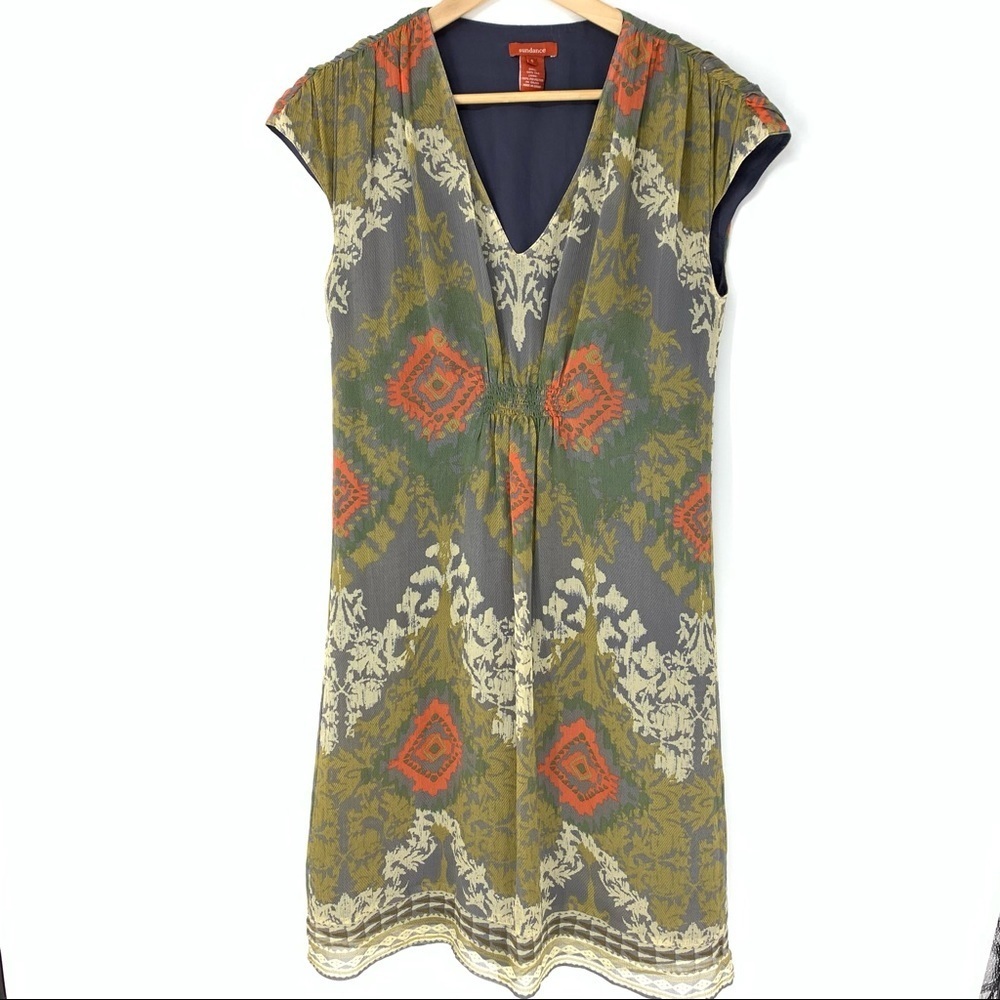Sundance silk crepe empire waist Ikat print dress